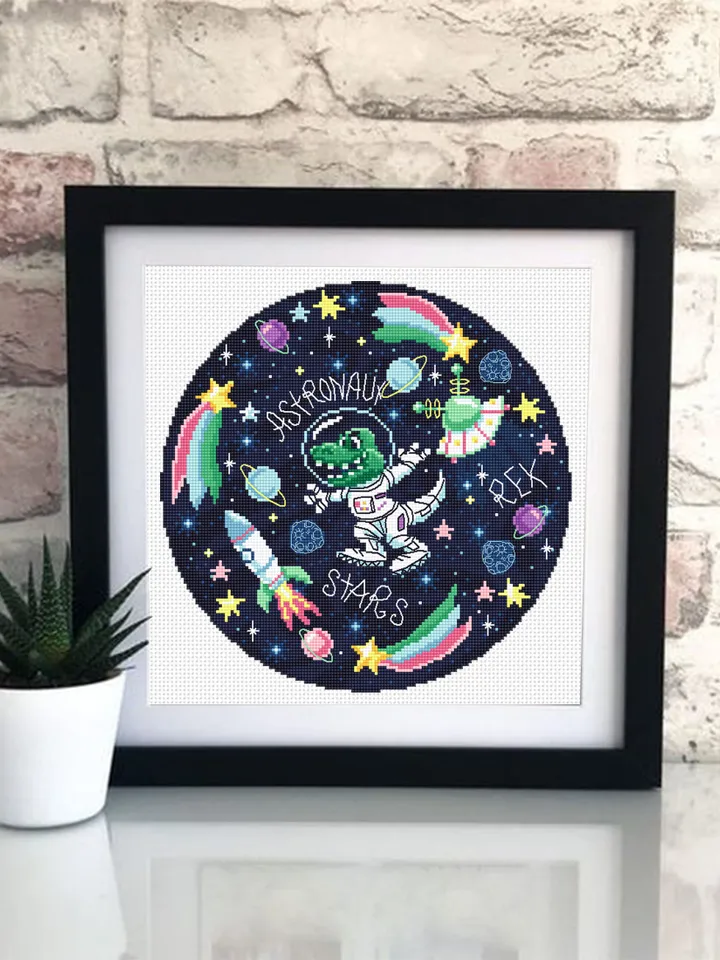 Space dinosaur cross stitch pattern PDF download Funny tyrannosaurus rex in space cross stitch chart, Astronaut dinosaur embroidery PDF #K58
