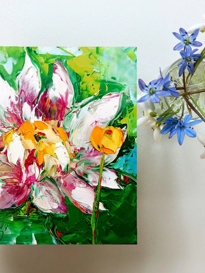 Lotus Painting Water Lily Original Art Impasto Painting Floral Oil Artwork 6x6 inches Flower Gifts by ArtProkopaloSv