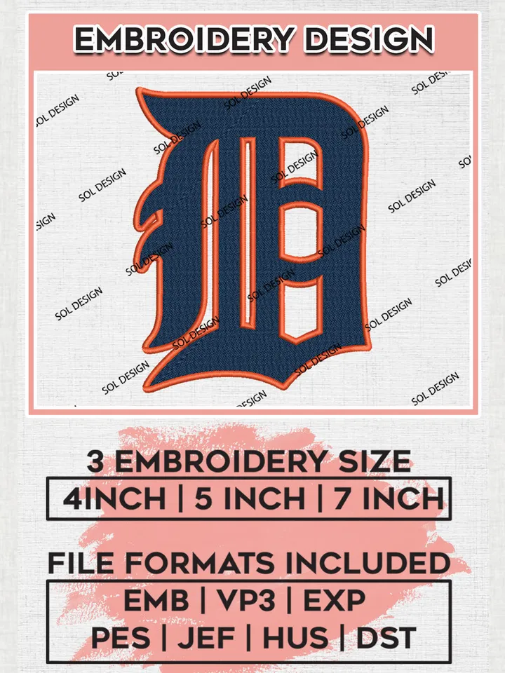 MLB Detroit Tigers D Word Logo Embroidery Files, MLB Detroit Tigers Team Embroidery, NCAA Teams, 3 sizes, MLB Machine embroidery designs, Digital Download