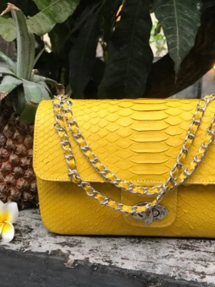 Yellow Genuine Python Skin Crossbody Chain Bag | Bright Summer Bag | Elegant Women Bag | Chain Strap Crossbody Deep classy Purse | gift idea