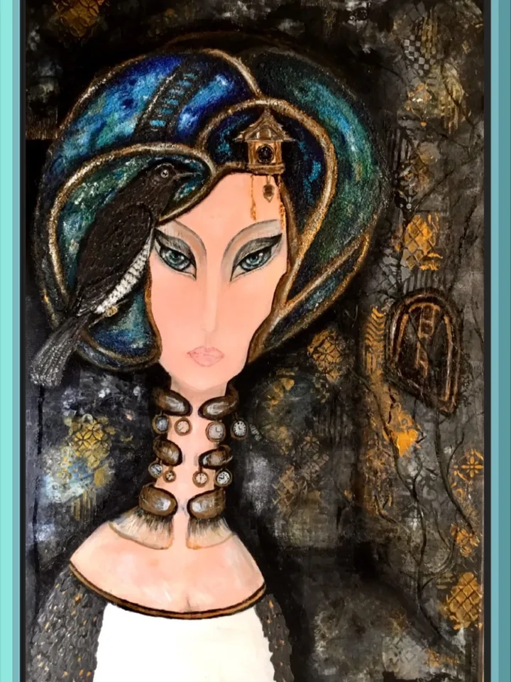 Woman portrait painting,Fantasy portrait of a woman with watches and magpie,collage background,acrylic on stretched canvas.