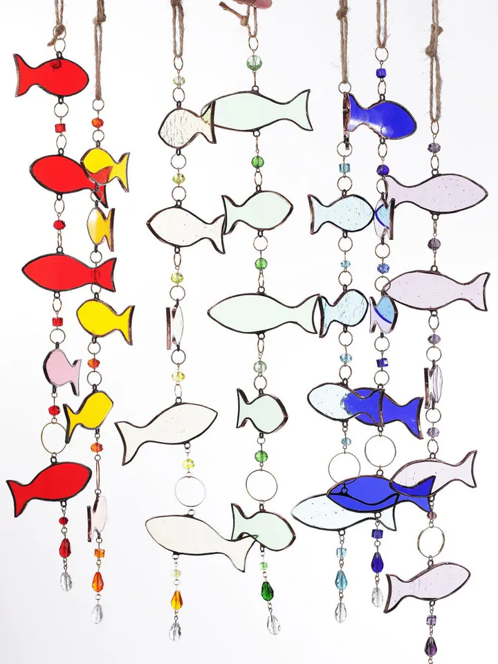 Garlands. Fish. Leaves, Fish Garland, Leaf Garland, Stained Glass Fish and Leaves, Artistic Glass Garland, Decorative Glass Garland with Fish and Leaves, Whimsical Fish Garland