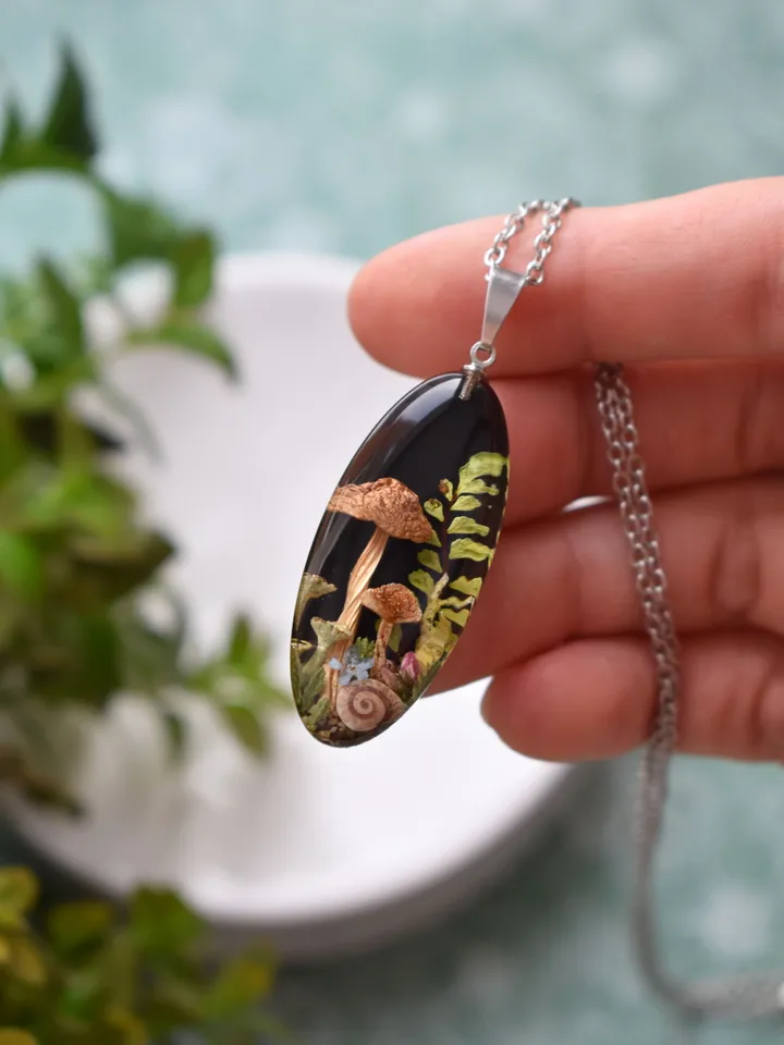 Real mushroom necklace. Pendant with a forest composition. Necklace with dried mushrooms in resin.