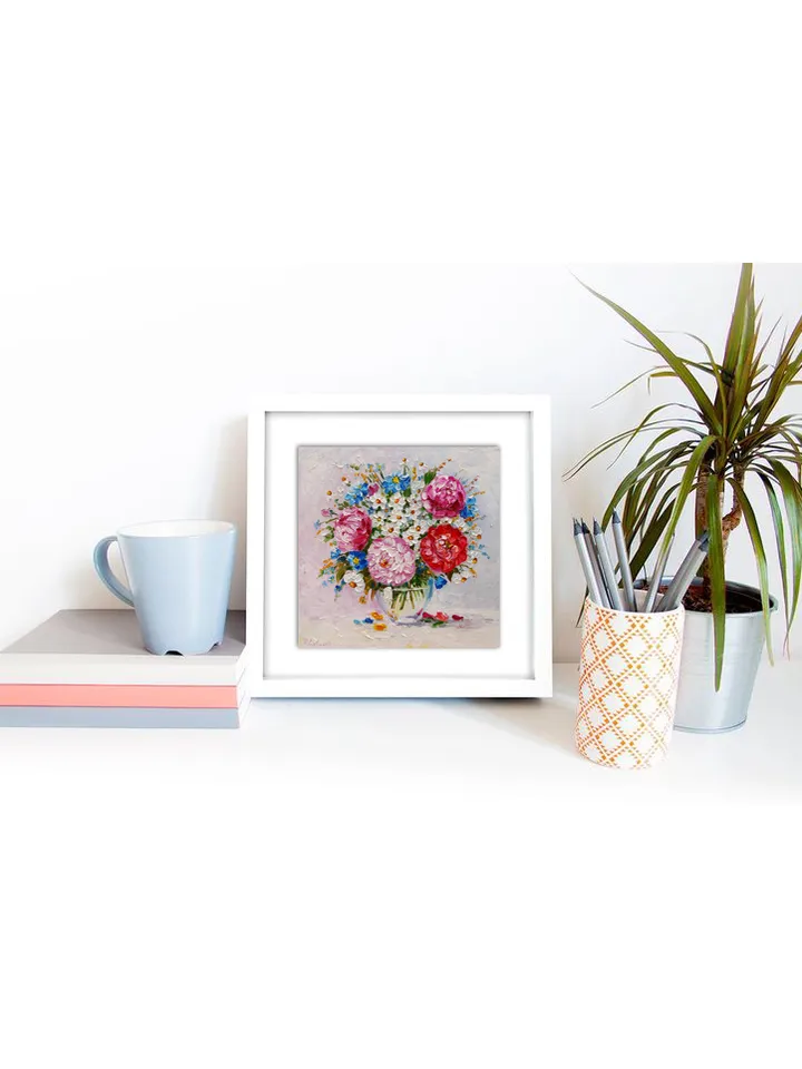 Original oil painting Peonies and Daisies Bright bouquet of flowers 8 by 8 inches (20x20cm) by OilPaintingNatali