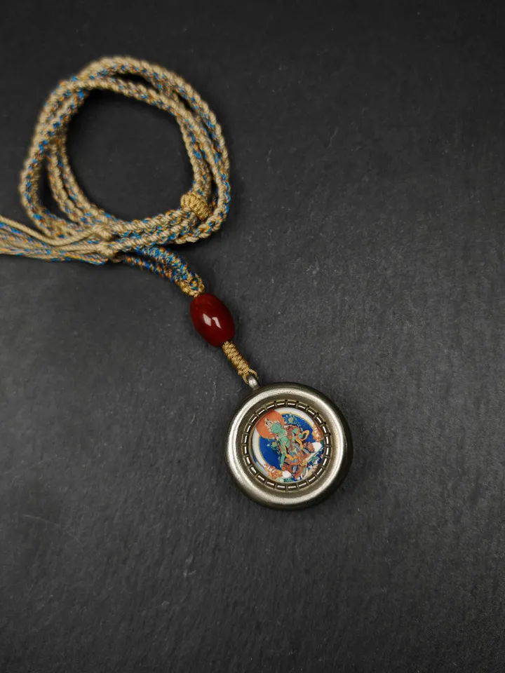 Gandhanra Vintage Green Tara Gau Ghau Shrine,Round Tibetan Buddhist Altar Amulet Pendant,Made of White Copper