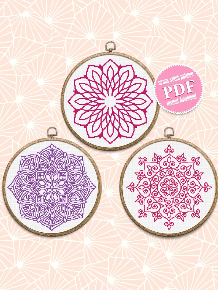 Mandala set cross stitch pattern download PDF, Monochrome mandala hand embroidery PDF, Floral ornament cross stitch chart, Home decor #S26