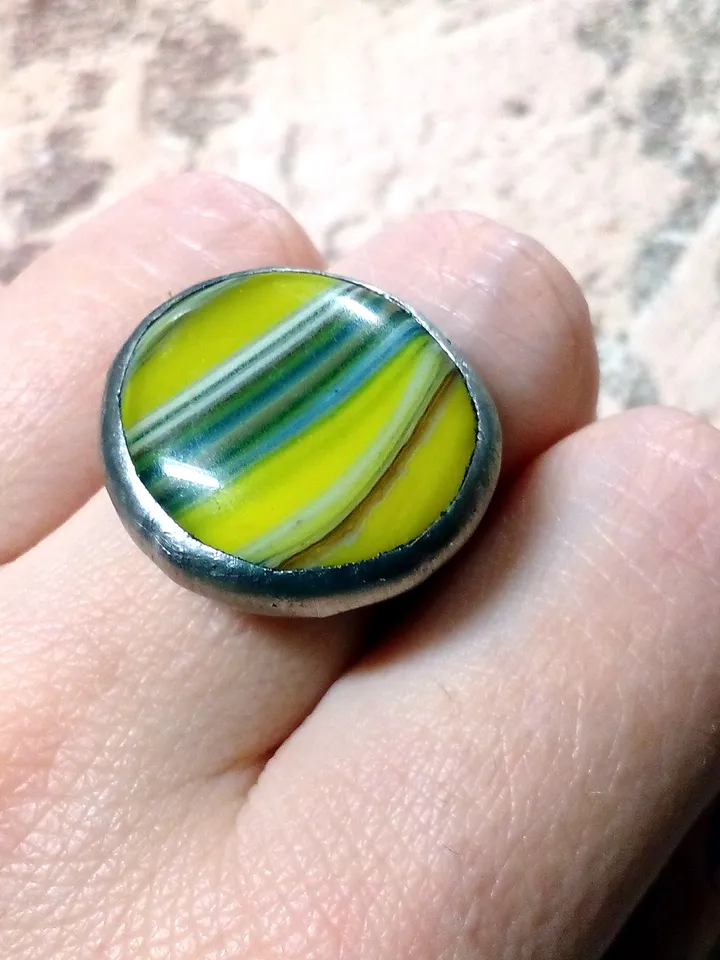 Big Glass fused ring, simple stained glass tiffany ring, green tin soldered ring