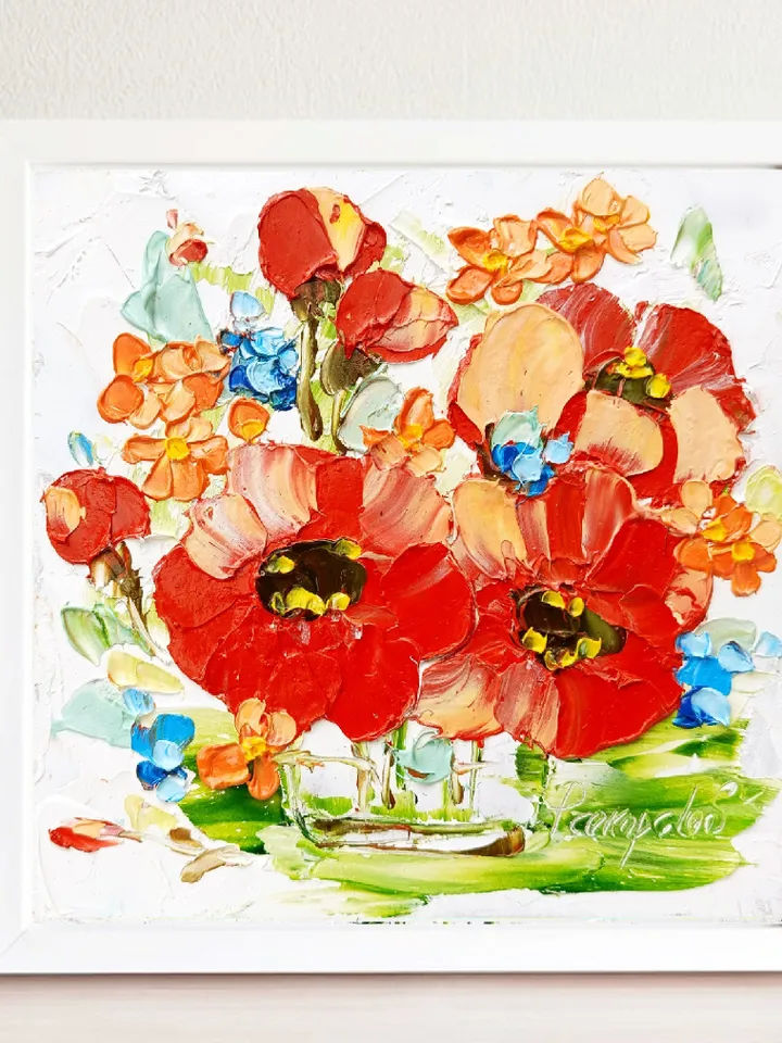 Poppies Impasto Oil Painting Abstract Flowers Original Art Neutral Floral Wall Art Rustic Decor Mother's Day Gift by ArtProkopaloSv