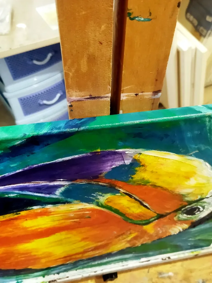 Oil painting on canvas with a bird