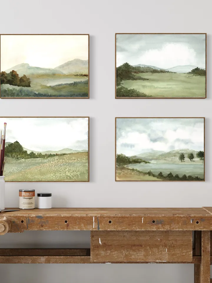 Landscape Painting Set Of 4 Watercolor Art Prints, Neutral Mountain, Wall Art Set, Home Office Poster, Over Bed Wall Decor,Vintage Print Set