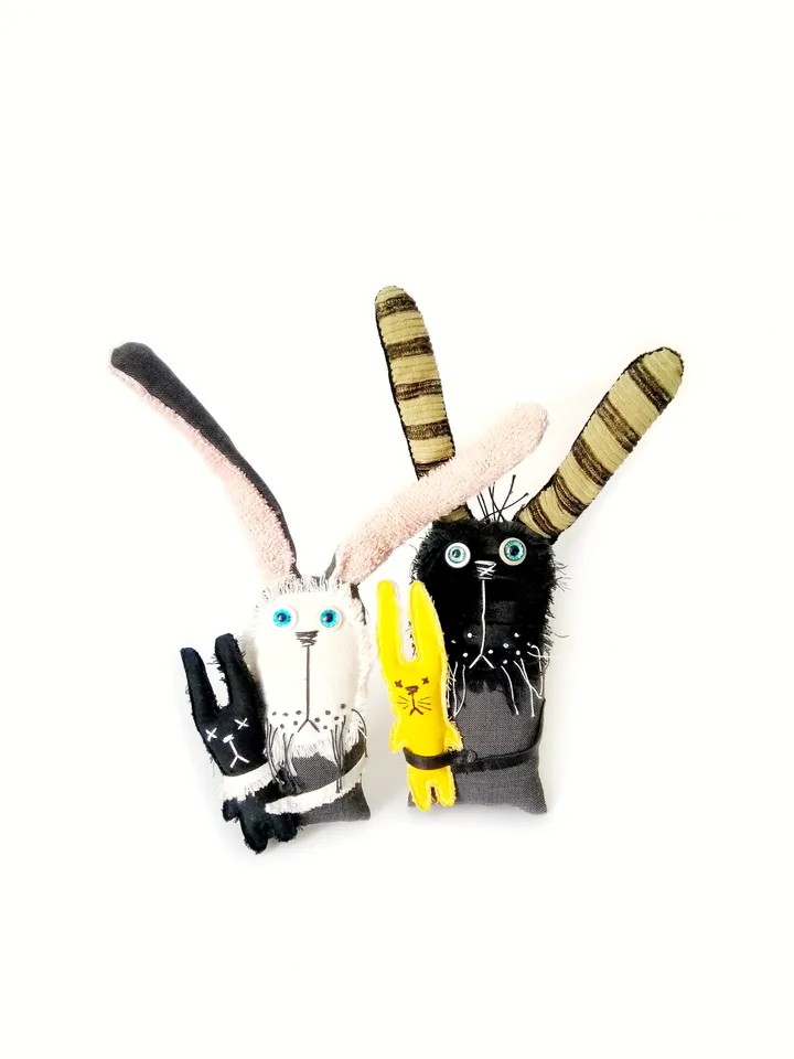 Handmade Funny and Unique Fabric Art Doll Bunnies: One-of-a-Kind Fun Delightful Interior Decor Toys with a Spooky Twist. FREE SHIPPING!
