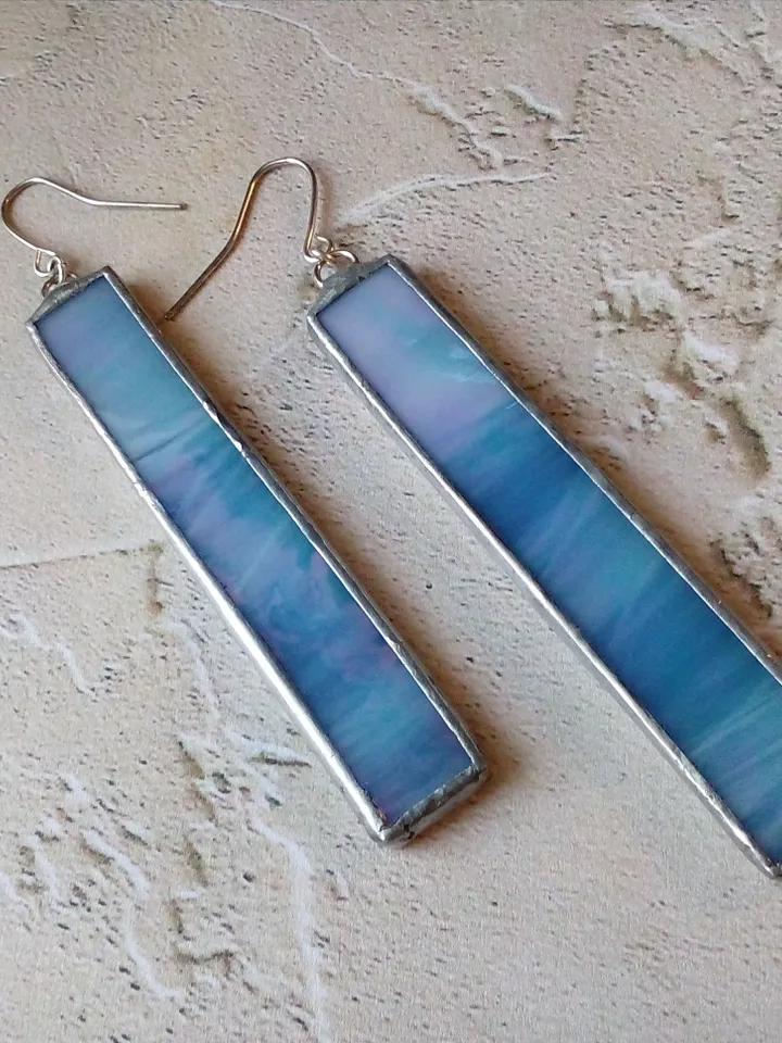 Iridescent stained glass blue earrings, cute rectangle earrings, dichroic earrings, duochrome earrings