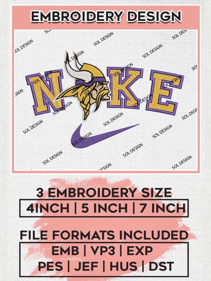 Ni.ke Minnesota Vikings Embroidery Design Files, NFL Vikings, NFL Embroidery Designs, NFL Minnesota Vikings Machine Embroidery Design, Digital Download