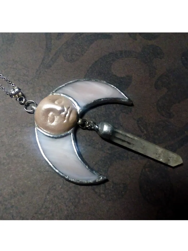 Stained glass moon, Moon Goddess, Moon phase necklace, Stainglass crescent, Full moon pendant, Moon face necklace