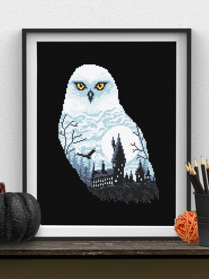 Owl silhouette cross stitch pattern download PDF Magic castle cross stitch Wizard school xstitch chart Halloween moon pattern digital #H32