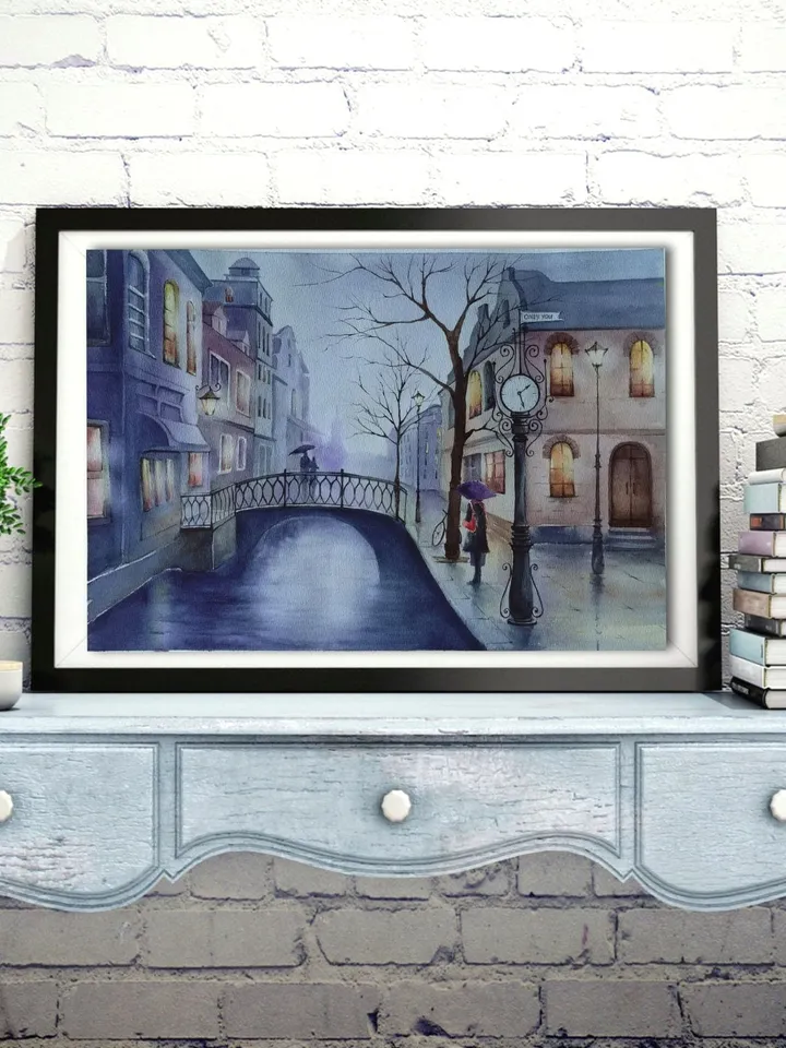 Original Watercolor Painting Urban Landscape Art City Bridge Artwork Rainy day Picture 30x40 cm by SoftWaves