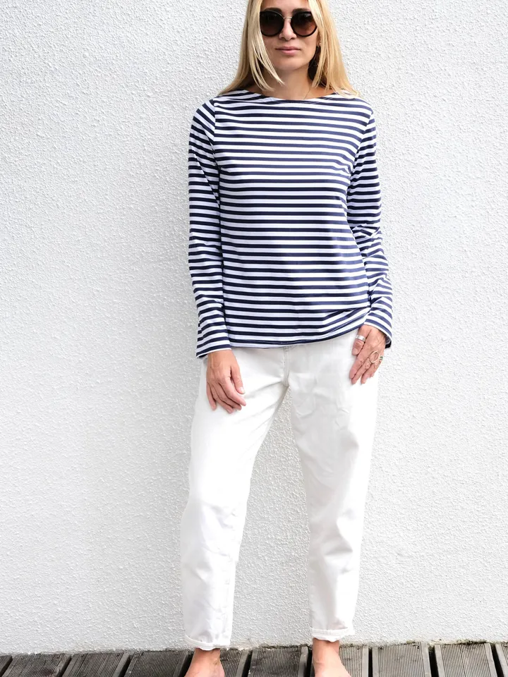 Cotton Mariniere longsleeve shirt | blue striped boat neck top | Blue and White women sweatshirt | Classic Sailor Shirt With Hedonist print