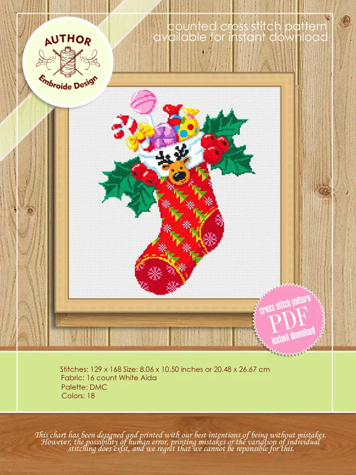 Christmas sock cross stitch pattern PDF download Merry Christmas cross stitch chart, Christmas pattern digital PDF, Stocking with gifts #N30