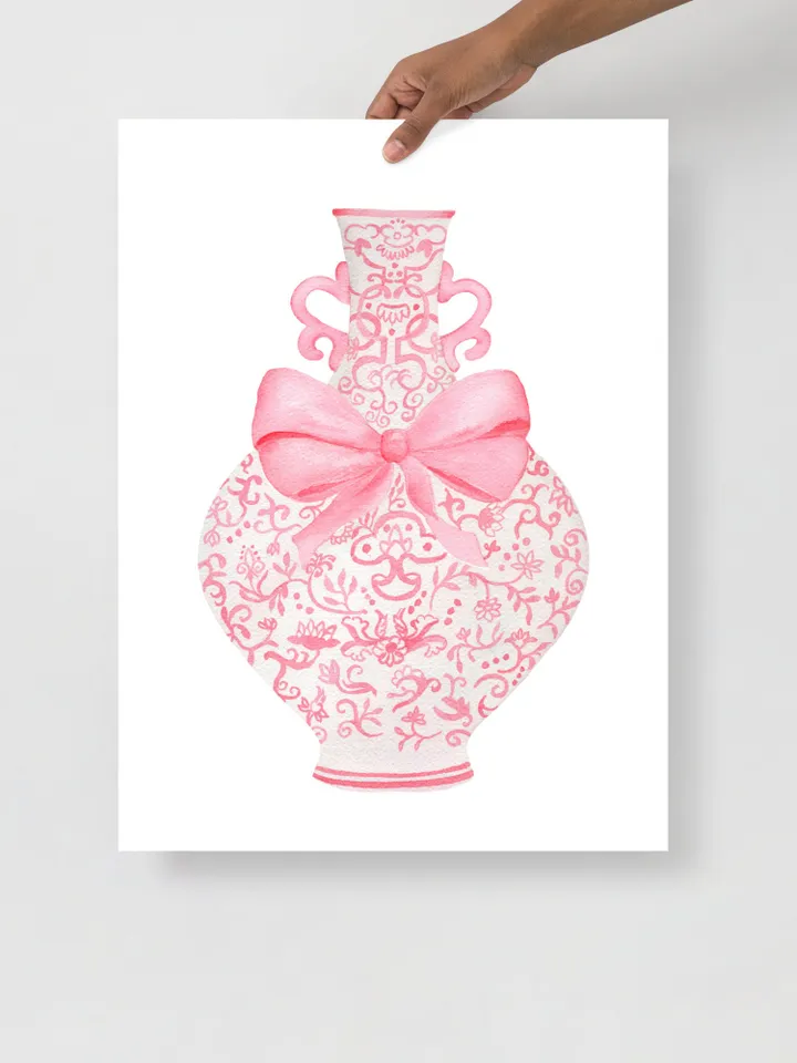 Pink Chinoiserie Ginger Jar With Bow, Watercolor Painting, Pastel Wall Art, Pink Bow Art, Nursery Wall Art, Preppy Pink Bow, Chinese Print