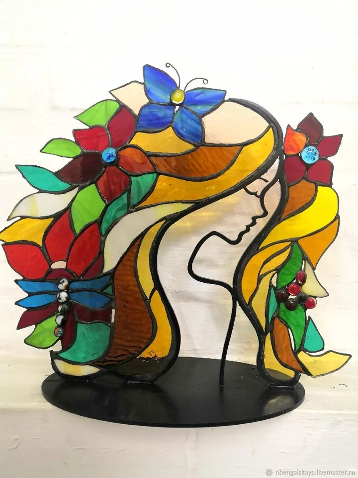 Girl with a Magical World, Stained Glass on Stand "Girl with a Magical World", Stained Glass with the Girl and Her Enchanted World, Stained Glass "The Girl and Her Magical Fantasy", Stained Glass Featuring the Girl's Wonderland, Stained Glass Depicting a