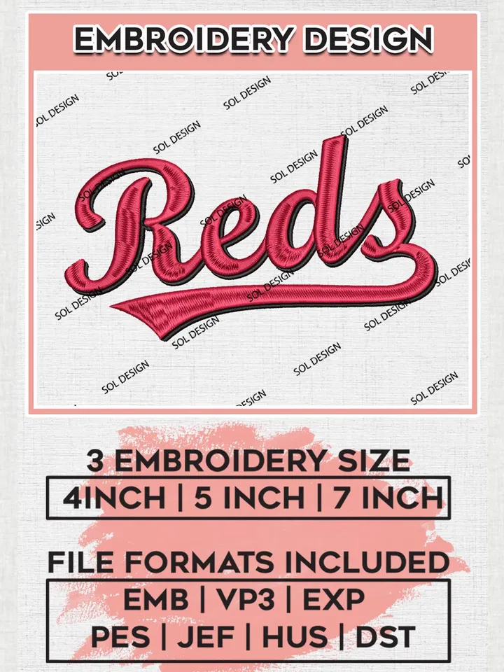 MLB Reds Wordmark Logo Embroidery Files, MLB Cincinnati Reds Team Embroidery, MLB Teams, 3 sizes, MLB Machine embroidery designs, Digital Download