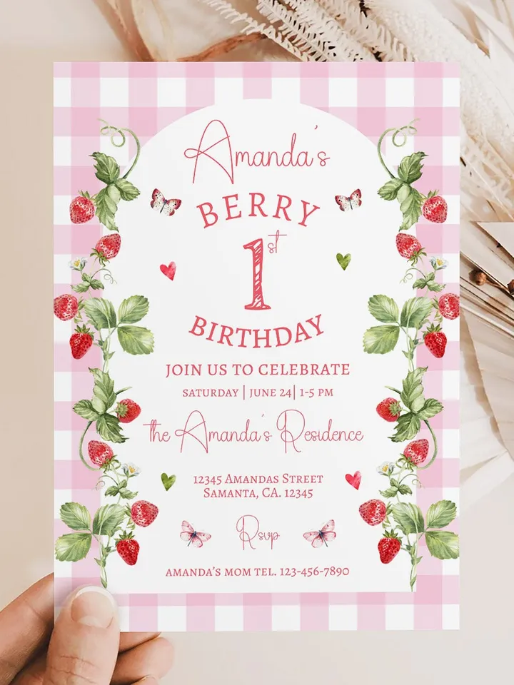 EDITABLE Pink Gingham Berry First Birthday Invitation, Berry First Birthday Digital Invitation Birthday, Strawberry First Birthday Invite
