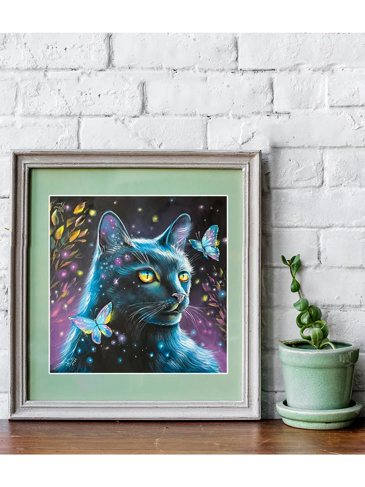 Black Cat and butterflies, oil painting on cardboard