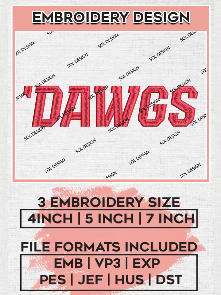 NCAA Dawgs College Team Word Logo Embroidery Design Files, NCAA Gardner Webb Runnin Bulldogs Machine Embroidery, NCAA Teams, 3 sizes, NCAA Machine embroidery designs, Digital Download