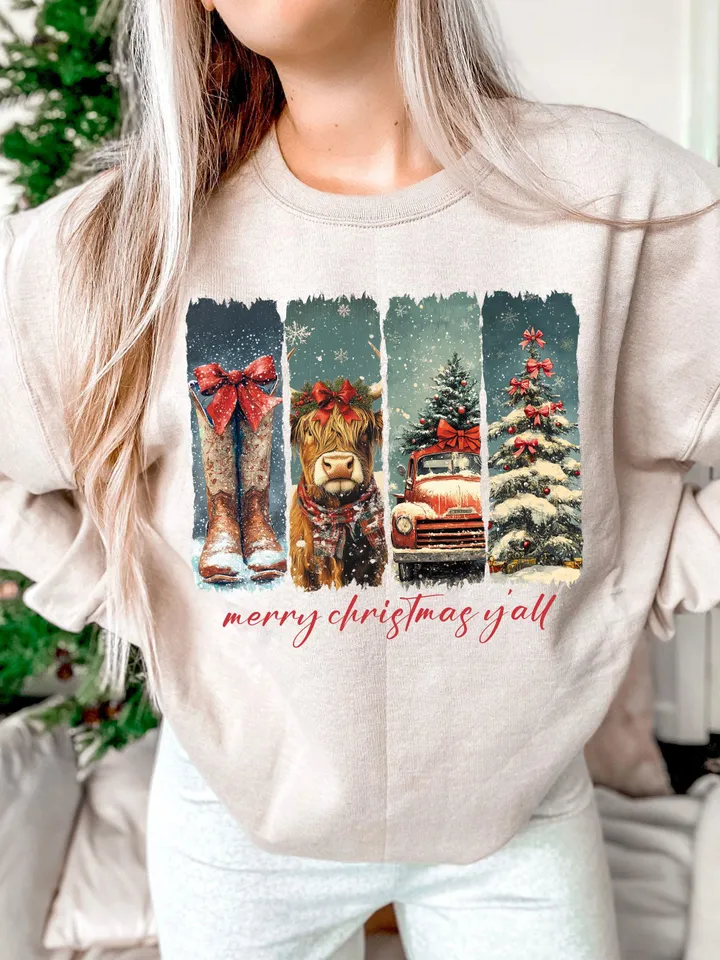 Merry Christmas Yall Vintage small town christmas PNG, Cowgirl Png, Small town girl PNG, highland cow Christmas png, Christmas western
