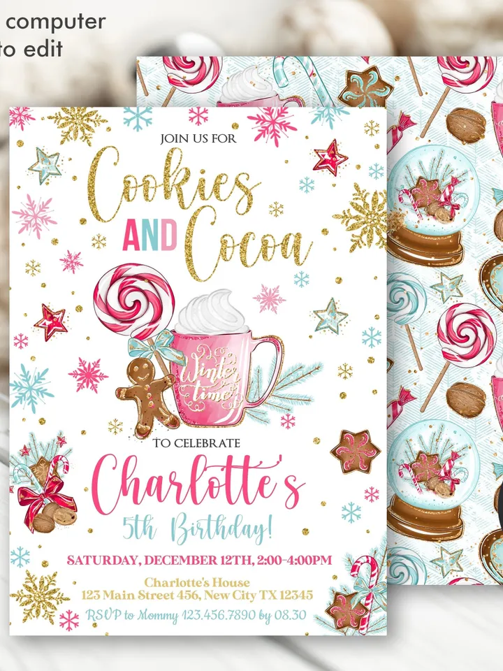Cookies and Cocoa Birthday Invitation Girl Winter Time Birthday Invitation, Gingerbread Invitation, Editable Template