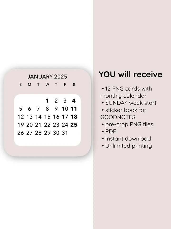 Digital monthly stickers 2025. Planner journal sticker. Student sticker calendar. 12 month sticker calendar. Sunday week start