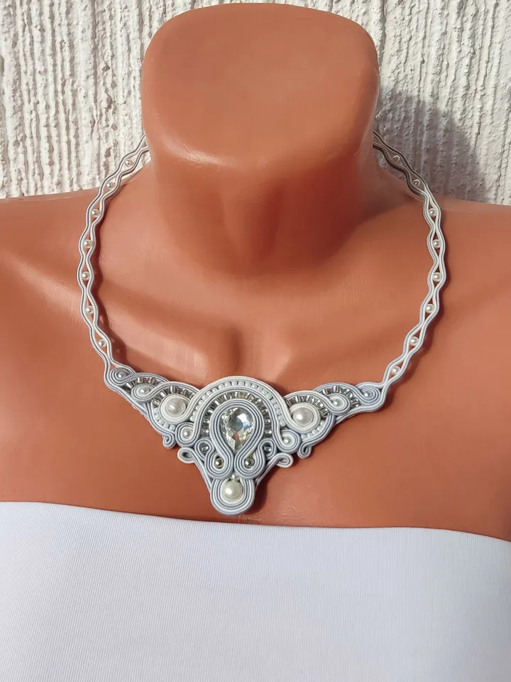 Bridal jewelry set, White necklace and earrings, Soutache embroidery, Rhinestone beaded necklace