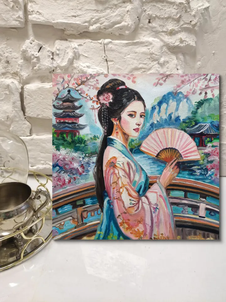 The Girl at a Pagoda Art Original Oil painting Oil on canvas