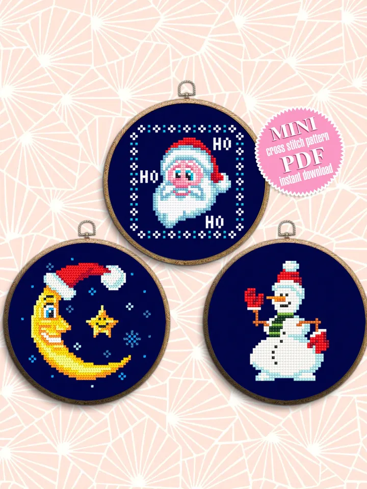 Christmas set cross stitch pattern download PDF Small snowman hand embroidery PDF, Moon cross stitch chart, Christmas cross stitch card #S58