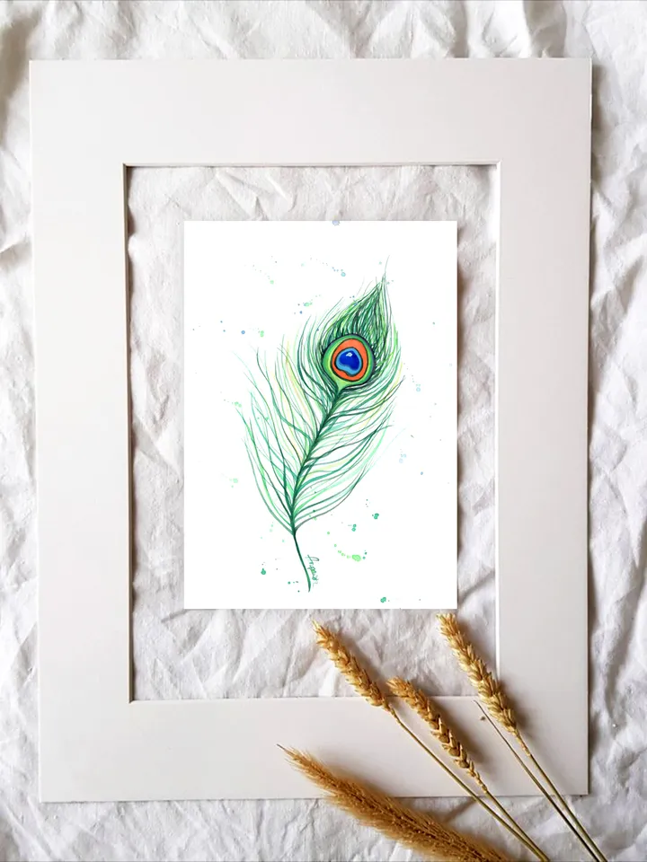 Peacock Feather Original watercolor, bird painting, wall decor, birds lover gift, 8x11 in handmade art by Anne Gorywine