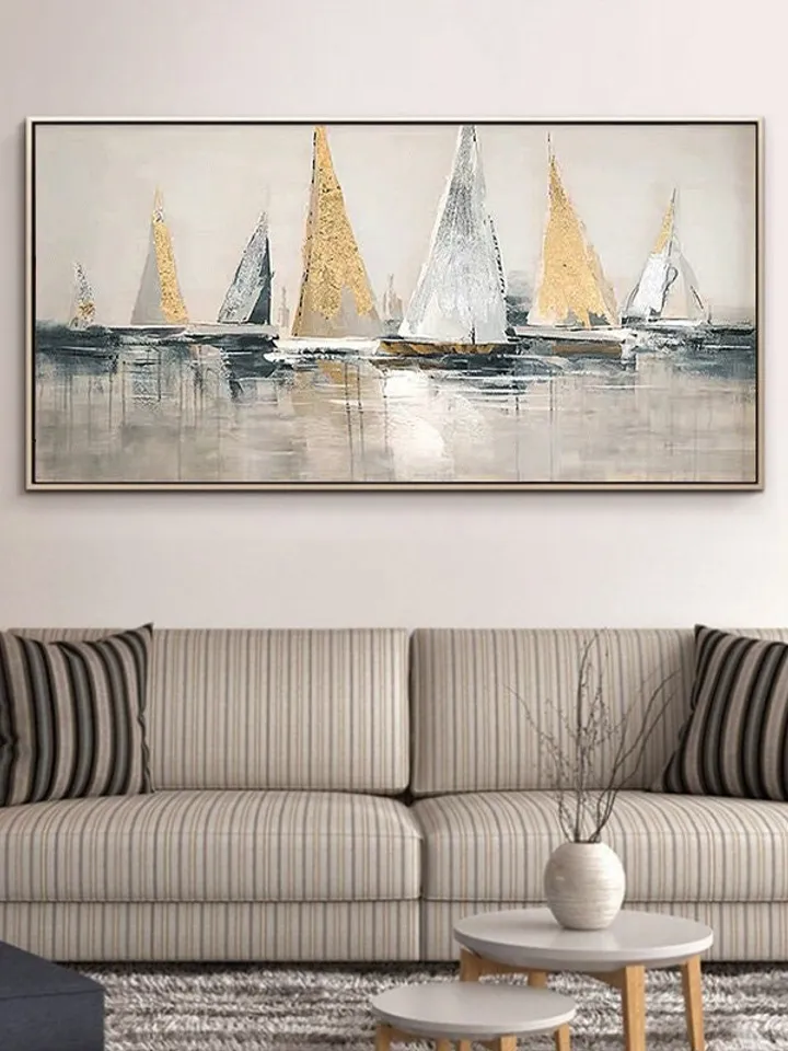 Abstract Sailboats Painting on Canvas,Original Painting,Golden Sailboats Art,Ocean Art,Bedroom Wall Art,Large Painting,Gift for Housewarming