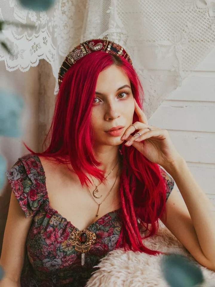 Tiara "Crimson Rhapsody" (round version). Bohemian patchwork crown for festivals, weddings, proms. Hippie hair accessory made with upcycled vintage fabrics and embellishments.
