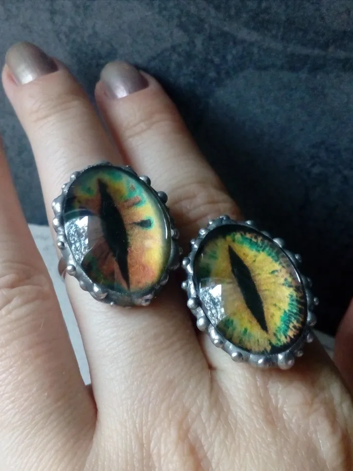 Chunky evil eye green yellow stained glass ring, Cat eye ring, Dragon eye ring, Third eye witch ring, Halloween ring