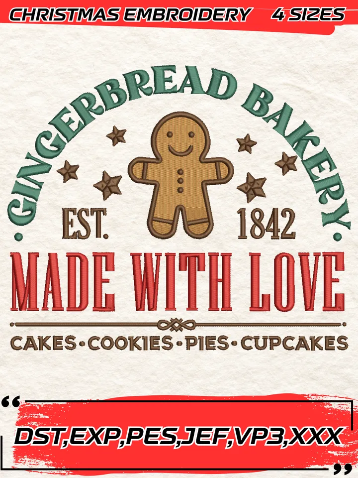 Gingerbread Bakery Est.1824 Embroidery Design,Christmas Embroidery Design,4 Sizes, Digital Download