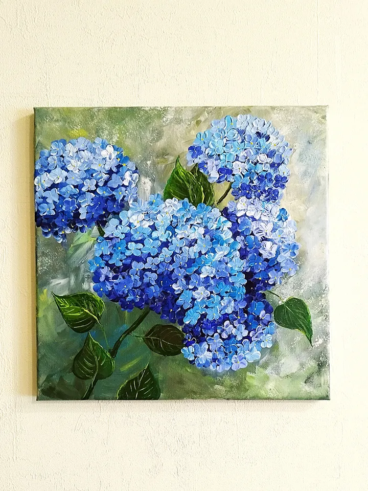 Blue Hydrangea Painting Art Impasto Flowers Artwork