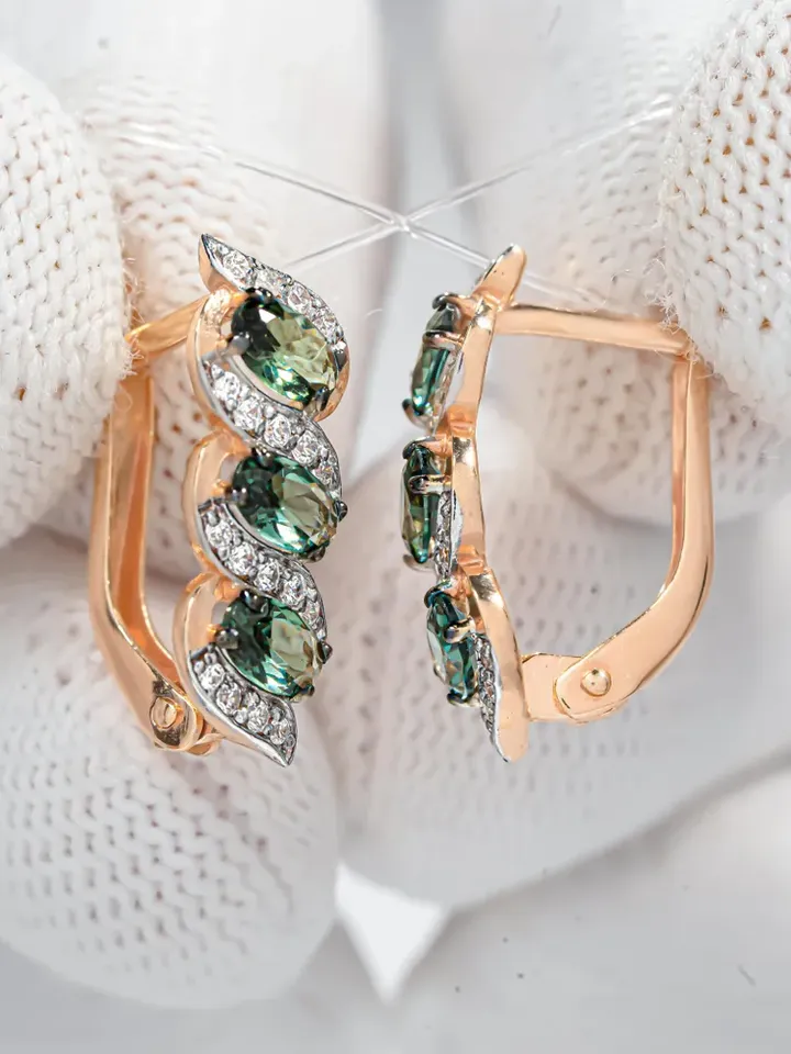 Earrings jewelry Silver gold plated 925 assay value with tourmaline and cubic zirconia