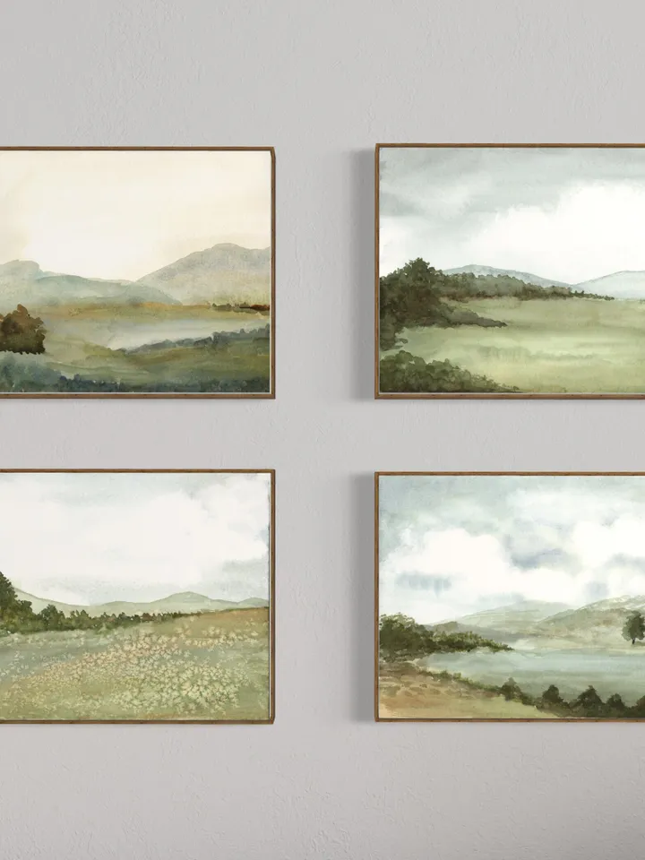 Landscape Painting Set Of 4 Watercolor Art Prints, Neutral Mountain, Wall Art Set, Home Office Poster, Over Bed Wall Decor,Vintage Print Set