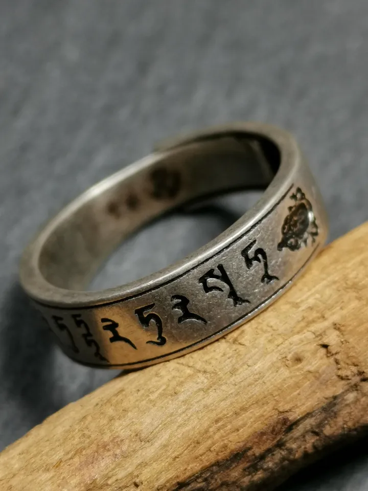 Gandhanra Unique Handcrafted Tibetan Silver Ring | Amitayus Ring and Mantra | Adjustable Size | Protection Jewelry | Spiritual Gift