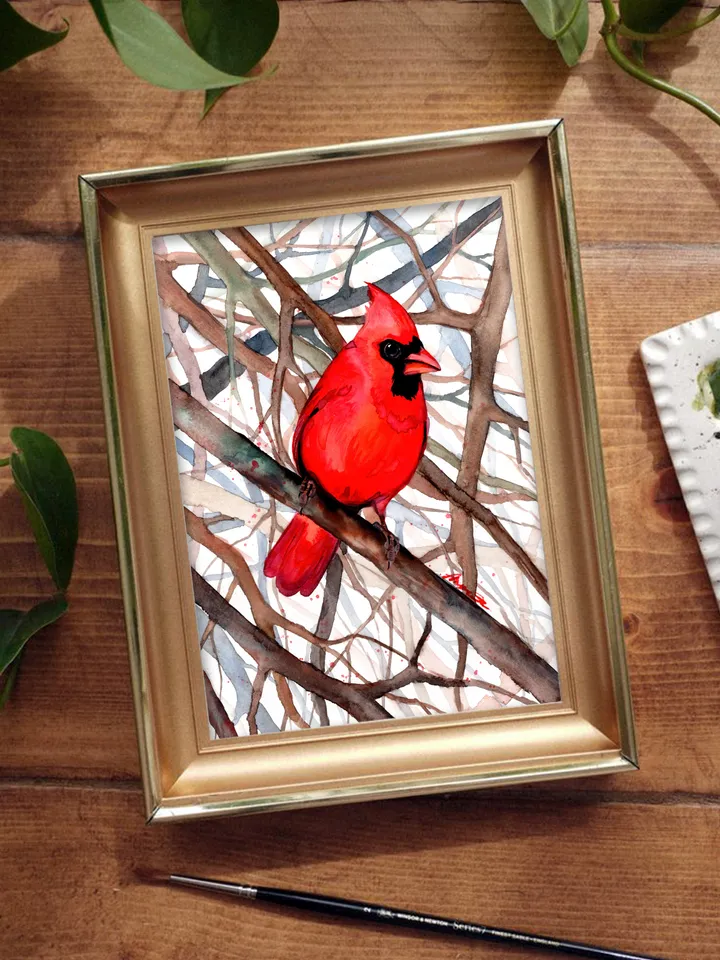 Red Cardinal Bird Watercolour, bird painting, wall decor, birds lover gift, 8x11 in handmade art by Anne Gorywine