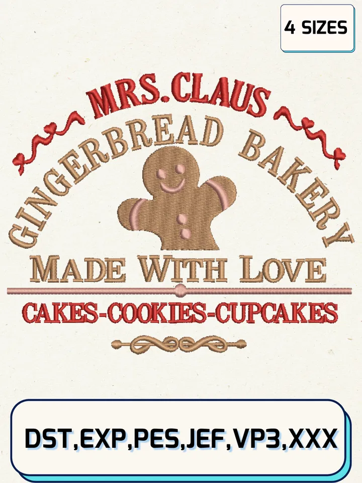Mrs Claus Gingerbread Bakery Embroidery Designs,Christmas Embroidery Designs,Machine Embroidery Files,4 Sizes