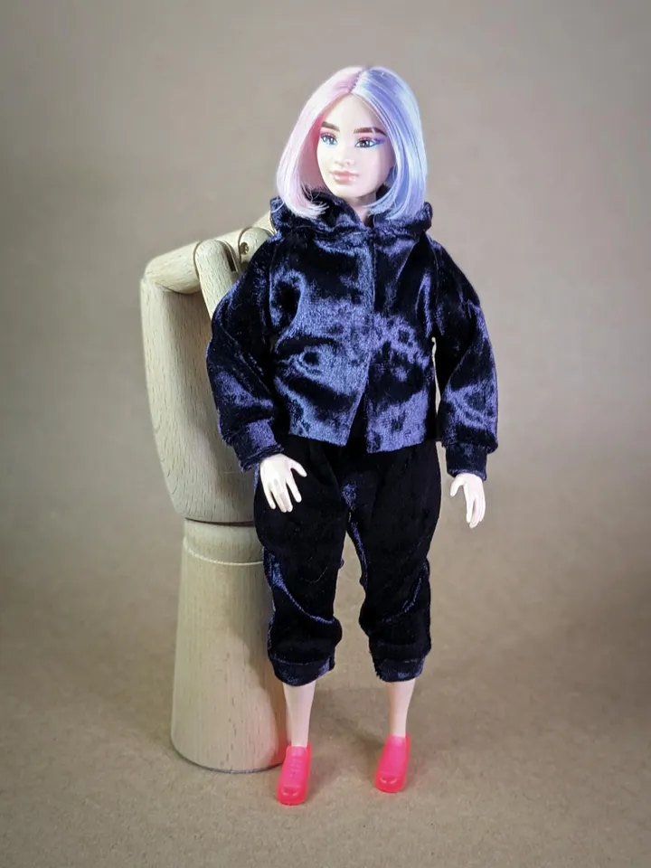 Handmade casual purple velvet two-piece set (hoodie and pants) for 1/6 scale fashion female dolls