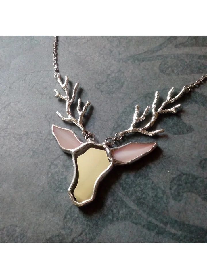 Deer antler jewelry, Deer head necklace, Noel, Yule jewelry. Christmas deer, stag head pendant