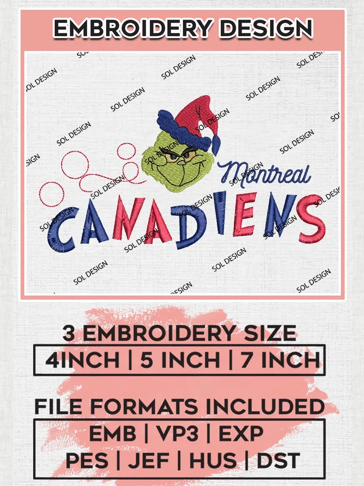 Grinch Montreal Canadiens Embroidery Designs, Grinch Christmas Embroidery Files, NHL Canadiens Machine Embroidery Designs, NHL Montreal Canadiens Logo, NHL Christmas Machine Embroidery Design, Digital Download