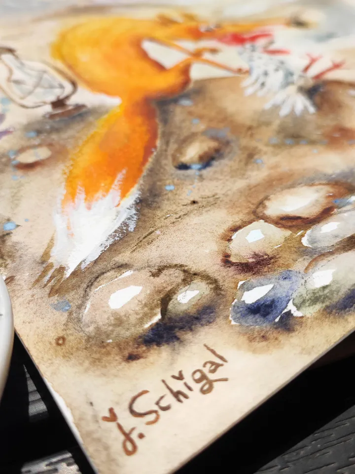 26×26cm Artwork by Julia Schigal "Fox and Chicken" - watercolor, gouache