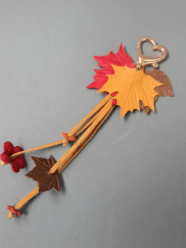 Orange maple Leaf Keychain Leather tassel charm Leather Pendant, art 9